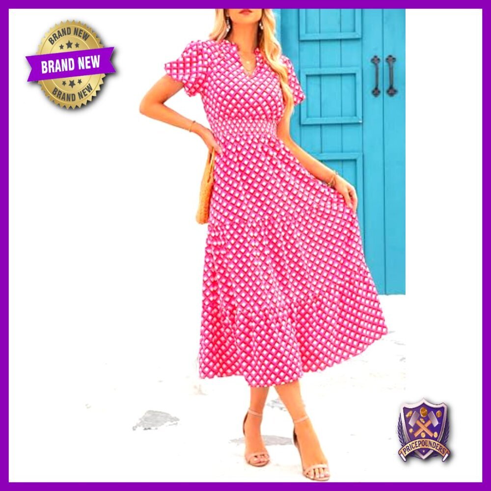 Floral Maxi Dress V Neck Puff Sleeve Smocked Waist Boho Summer Casual - Picture 5 of 7